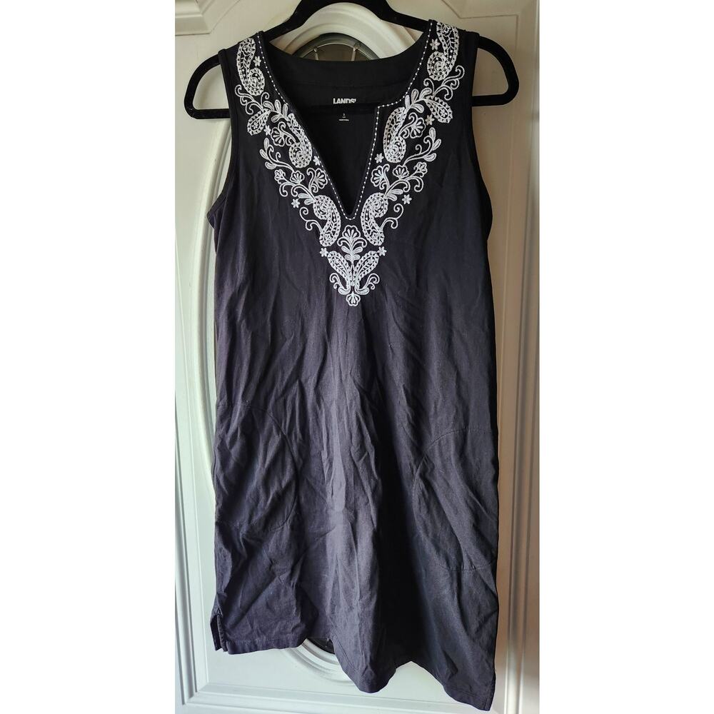 Land's End Black Sleeveless Dress w/White Embroidered Neckline Size 8